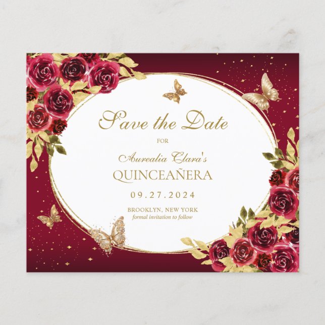 BUDGET Floral Red Gold Butterfly Quinceanera (Front)