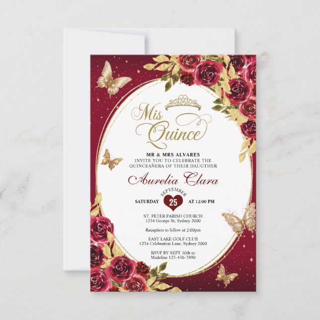 BUDGET Floral Red Gold Tiara Butterfly Quinceañera Card (Front)