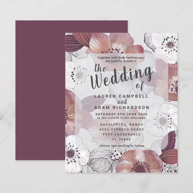 Budget Floral Red  Purple Wedding Invitation (Front/Back)