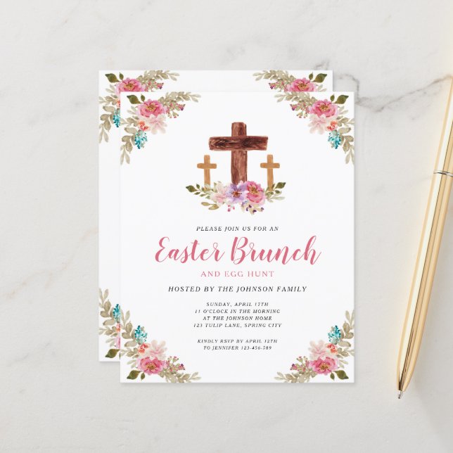 Budget Floral Religious Cross Easter Brunch Invite (Front/Back In Situ)