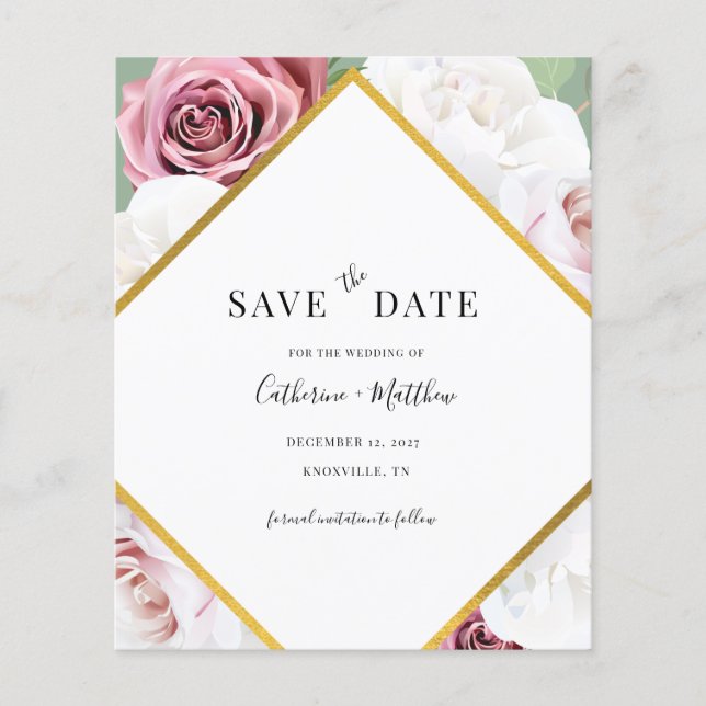 Budget Floral Rose Gold Geometric Save The Date Flyer (Front)