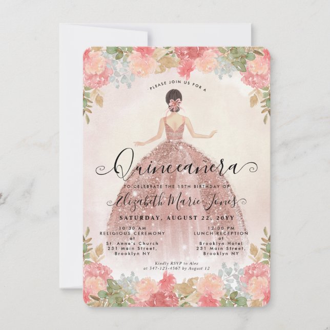 Budget Floral Rose Gold Pink Princess Quinceanera Card (Front)