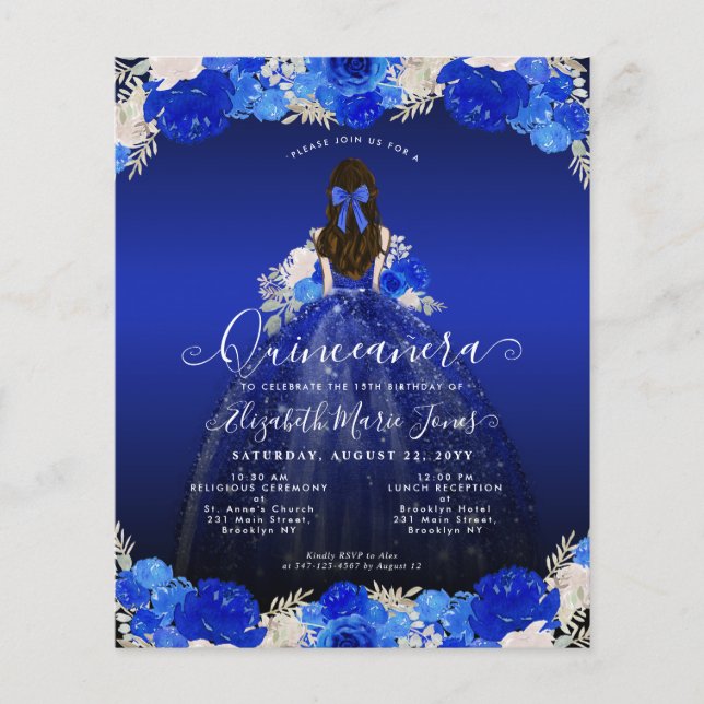 Budget Floral Royal Blue Dress Quinceanera Invite (Front)