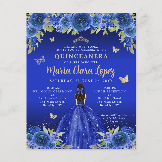 Budget Floral Royal Blue Gold Princess Quinceanera (Front)