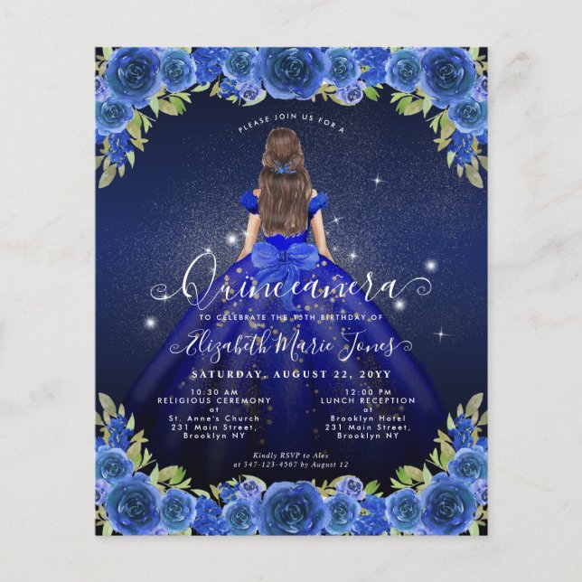 Budget Floral Royal Blue Gold Princess Quinceanera (Front)