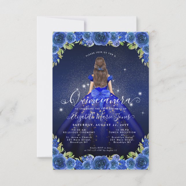 Budget Floral Royal Blue Gold Princess Quinceanera Card (Front)