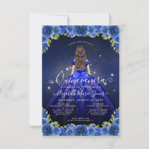 Budget Floral Royal Blue Gold Princess Quinceanera Card