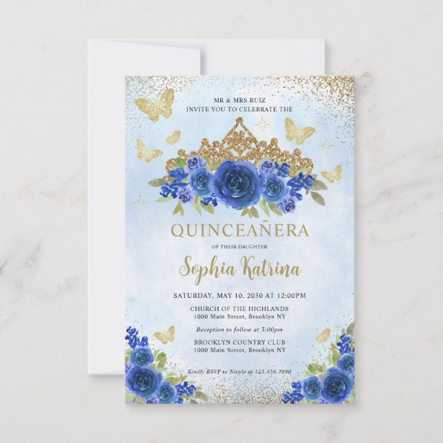 Budget Floral Royal Blue Gold Tiara Quinceañera Card (Front)