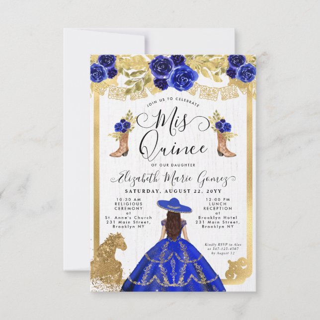 Budget Floral Royal Blue Latina Charra Quinceanera Card (Front)