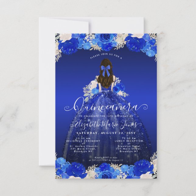 Budget Floral Royal Blue Princess Glam Quinceanera Card (Front)