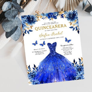 Budget Floral Royal Blue Princess Quinceanera