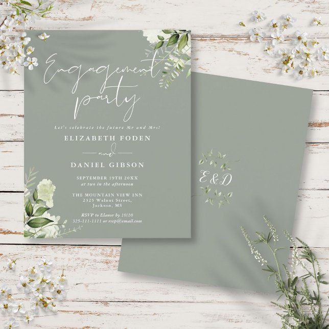 Budget Floral Sage Green Engagement Party Invite (Budget Floral Sage Green Engagement Party Invite)