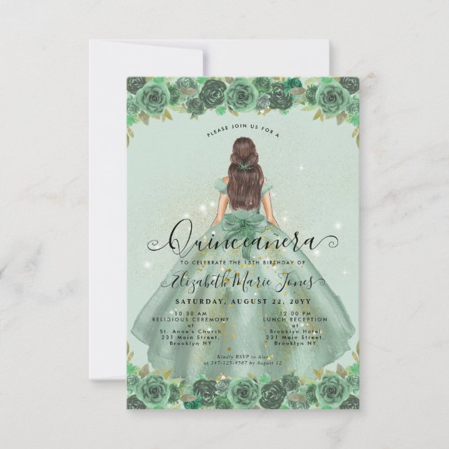 Budget Floral Sage Green Gold Princess Quinceanera Card (Front)