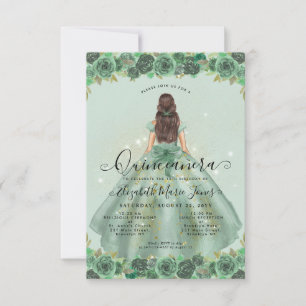 Budget Floral Sage Green Gold Princess Quinceanera Card