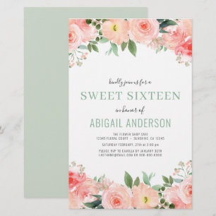 Budget Floral  Sage Sweet 16 Birthday Invitation