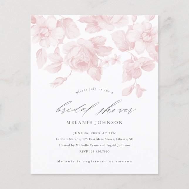 Budget Floral Script Pink Bridal Shower Invitation (Front)