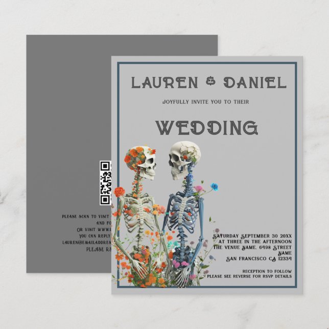 Budget Floral Skeleton Minimalist QR Code Wedding (Front/Back)
