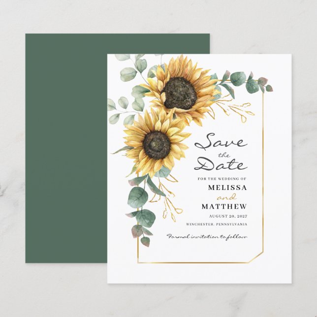 Budget Floral Sunflower Eucalyptus Save The Date (Front/Back)