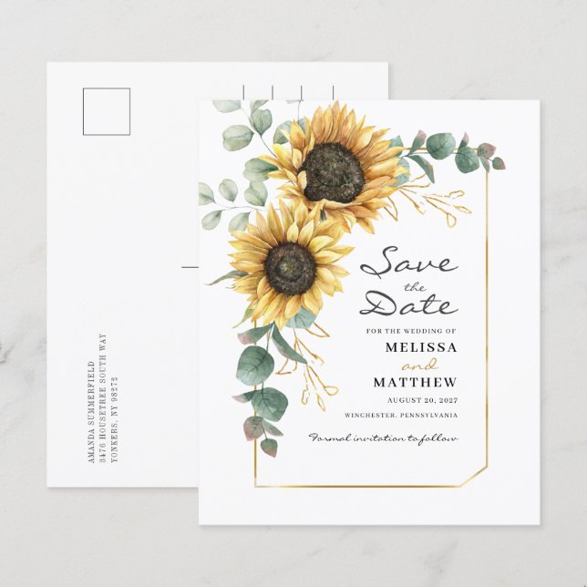 Budget Floral Sunflower Eucalyptus Save The Date (Front/Back)