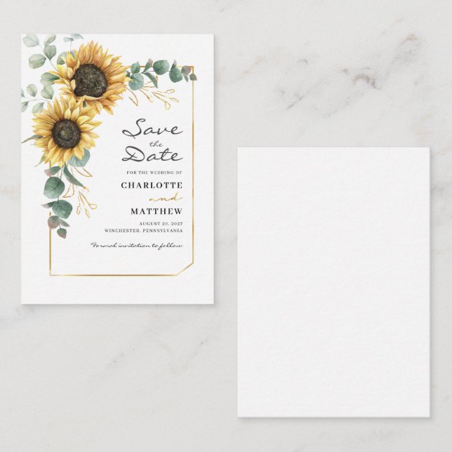 Budget Floral Sunflower Eucalyptus Save The Date Card (Front/Back)