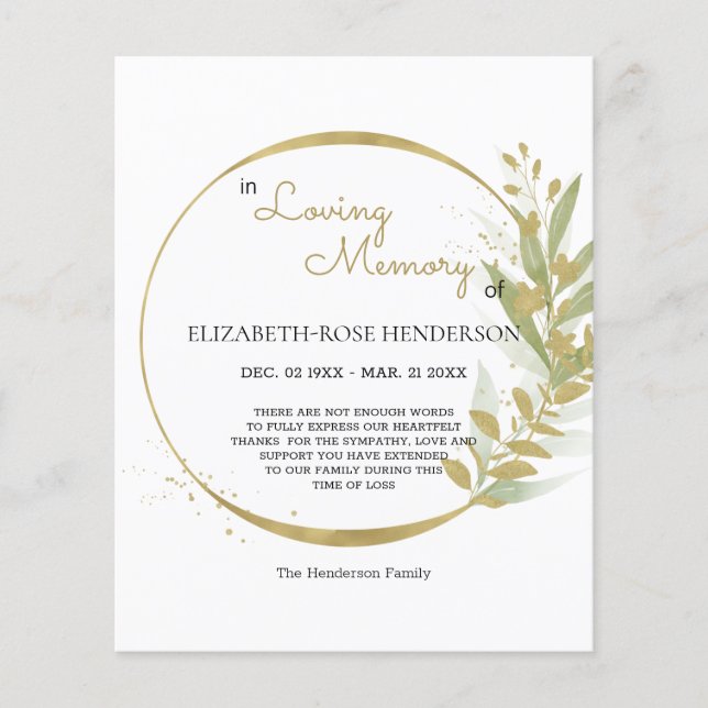 BUDGET FLORAL SYMPATHY MEMORIAL THANK YOU CARD. FL FLYER (Front)