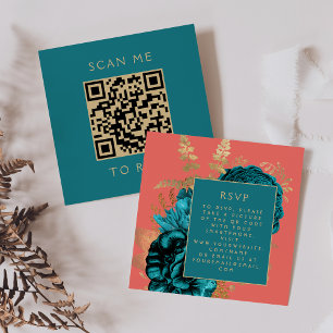 Budget Floral Teal Coral Gold QR Code RSVP Enclosure Card