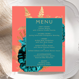 Budget Floral Teal Coral Gold Wedding Menu