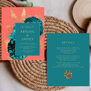 Budget Floral Teal Gold Coral QR Code Wedding