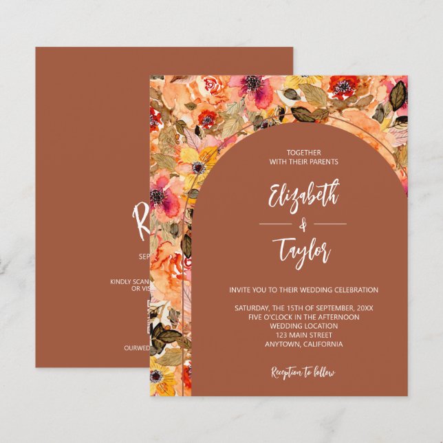 Budget Floral Terracotta All In One Wedding Invite (Front/Back)