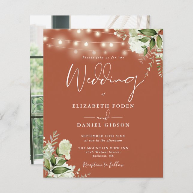 Budget Floral Terracotta Photo Wedding Invite (Front/Back)