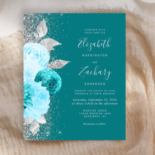 Budget Floral Turquoise Silver Glitter Wedding