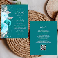 Budget Floral Turquoise Silver QR Code Wedding