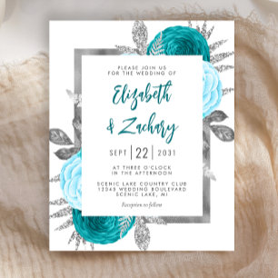 Budget Floral Turquoise Silver Wedding Invite