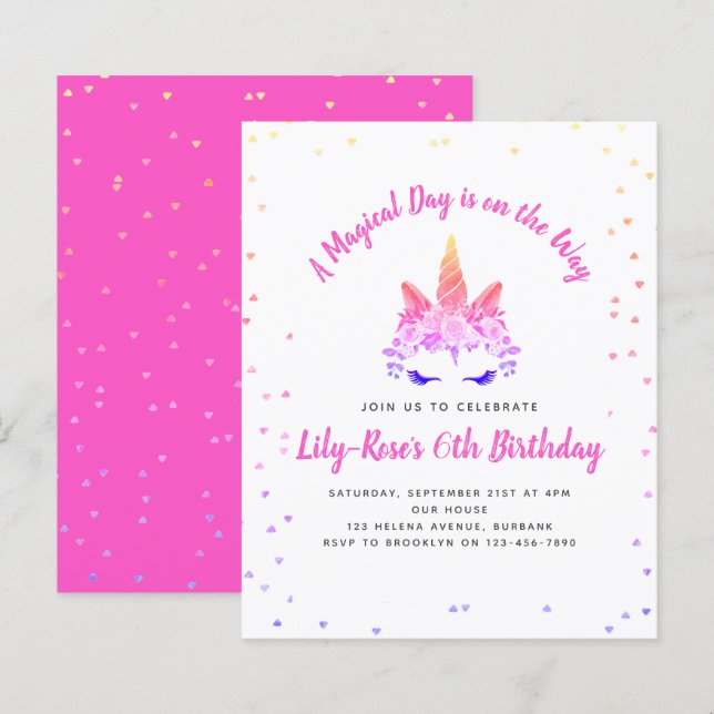 BUDGET Floral Unicorn Face Birthday Invitation (Front/Back)