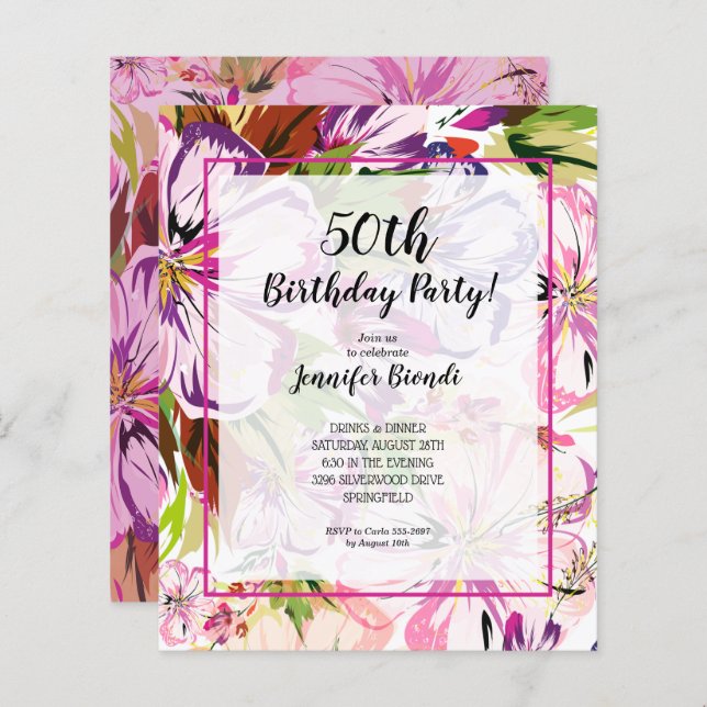 Budget Floral Watercolor Birthday Party Invitation (Front/Back)