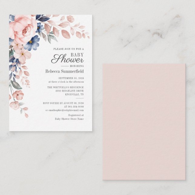Budget Floral Watercolor Blue Pink Baby Shower Card (Front/Back)