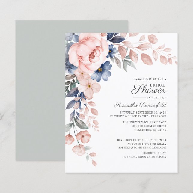 Budget Floral Watercolor Bridal Shower Invitation (Front/Back)