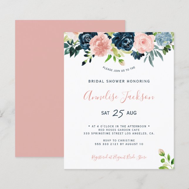 Budget floral watercolor bridal shower invitation (Front/Back)
