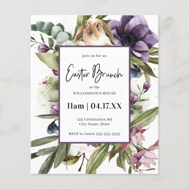 Budget Floral Watercolor Rabbit Easter Invitation (Front)