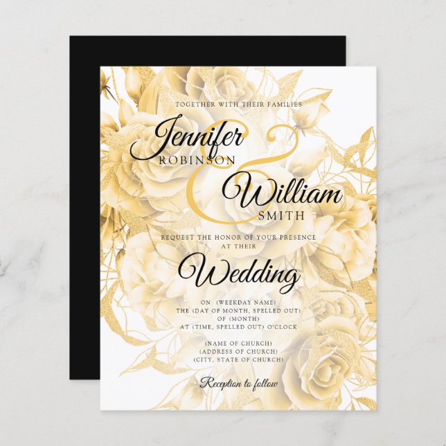 Budget Floral Wedding Invitation Black & Gold  (Front/Back)