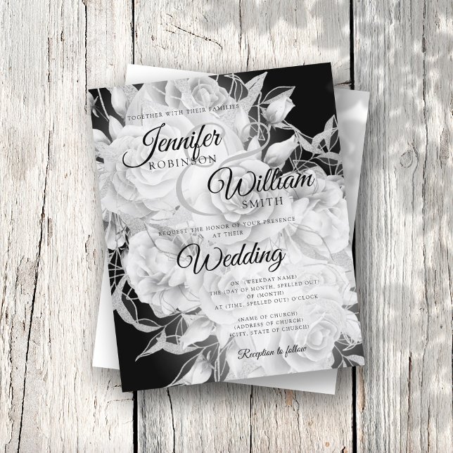 Budget Floral Wedding Invitation Black & White  (Creator Uploaded)