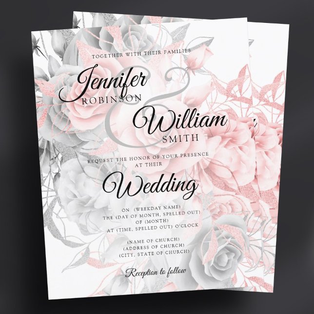 Budget Floral Wedding Invitation Rose Gold Silver  (Budget Floral Wedding Invitation Rose Gold Silver )