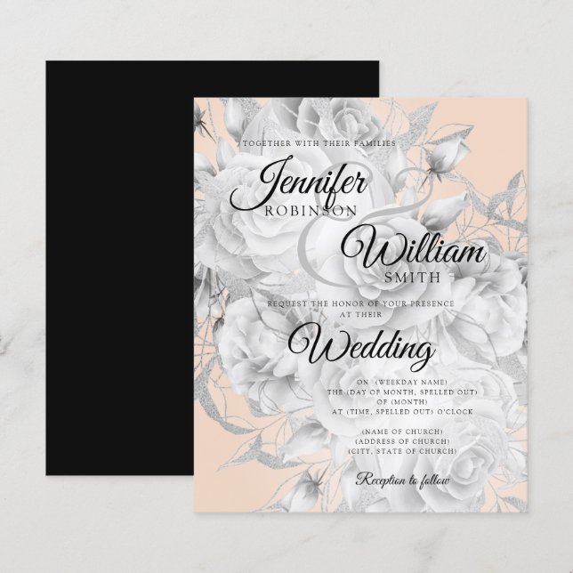 Budget Floral Wedding Invitation Silver & Blush  (Front/Back)