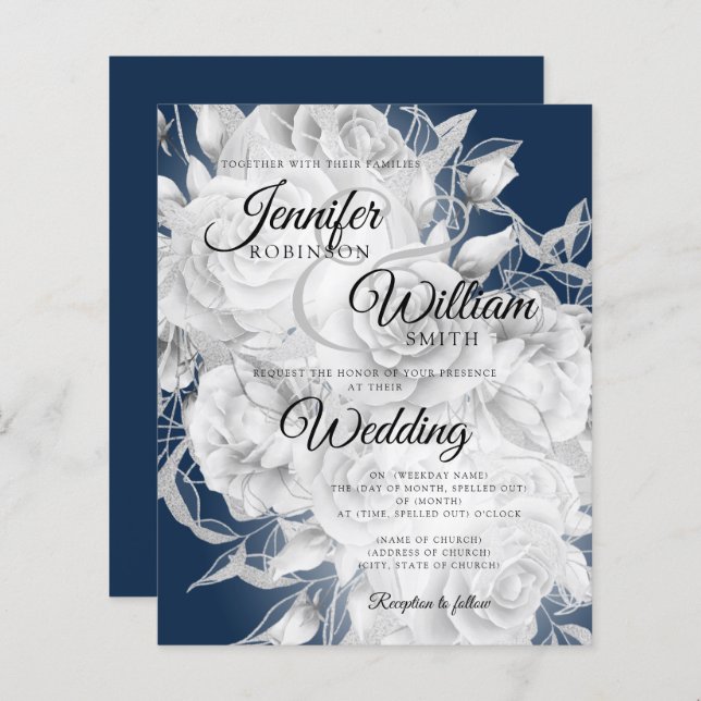 Budget Floral Wedding Invitation Silver & Navy  (Front/Back)