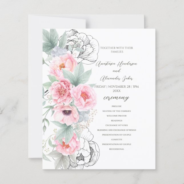 Budget Floral Wedding Program card. (Front)