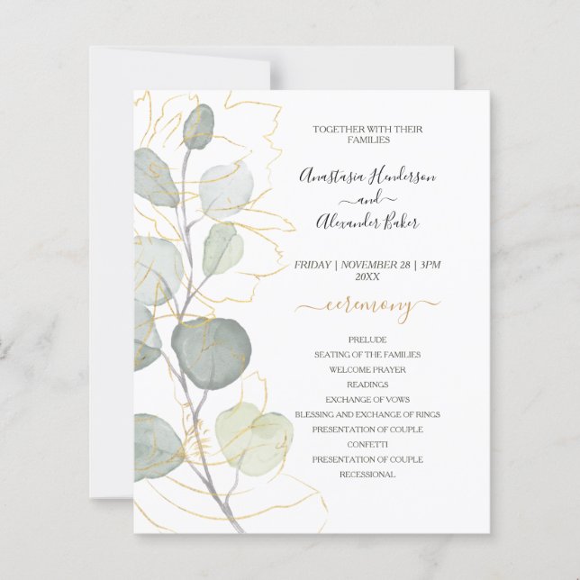 Budget Floral Wedding Program card. (Front)