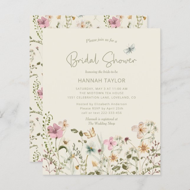 Budget Floral Wildflower Bridal Shower Invitation (Front/Back)