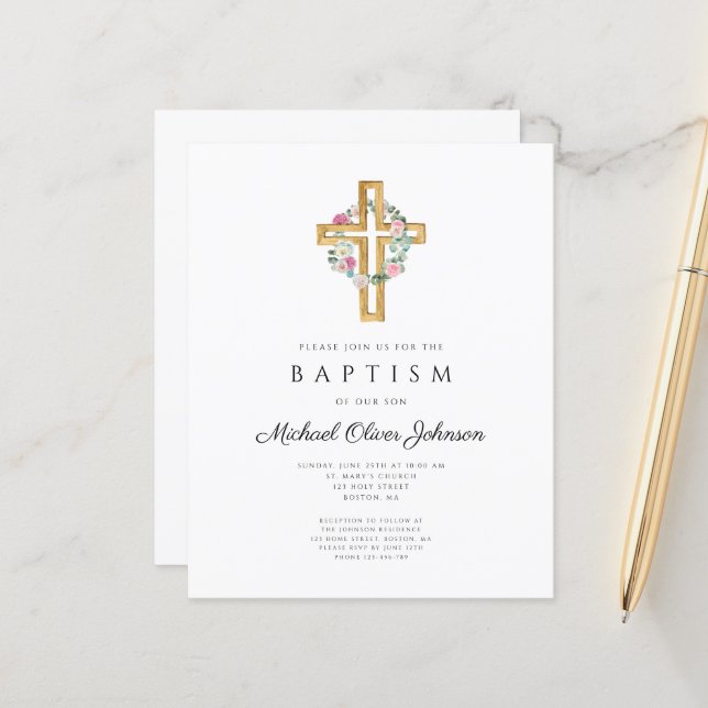 Budget Floral Wreath Cross Baptism Invitation (Front/Back In Situ)