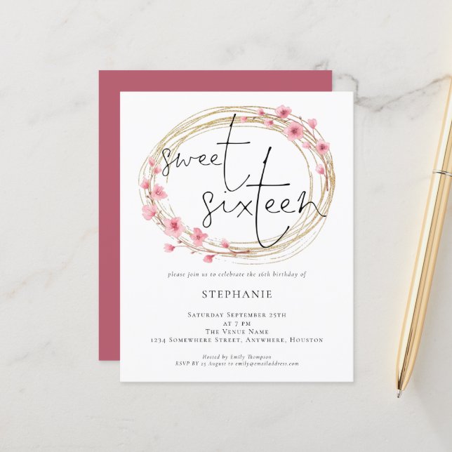 Budget Florals Sweet Sixteen Birthday Invitation (Front/Back In Situ)