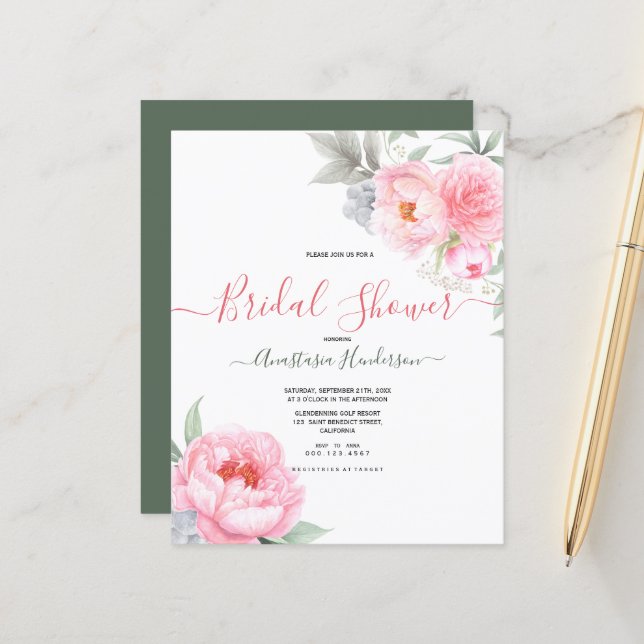 Budget-Flowers&Greenery. Bridal shower. Invitation (Front/Back In Situ)